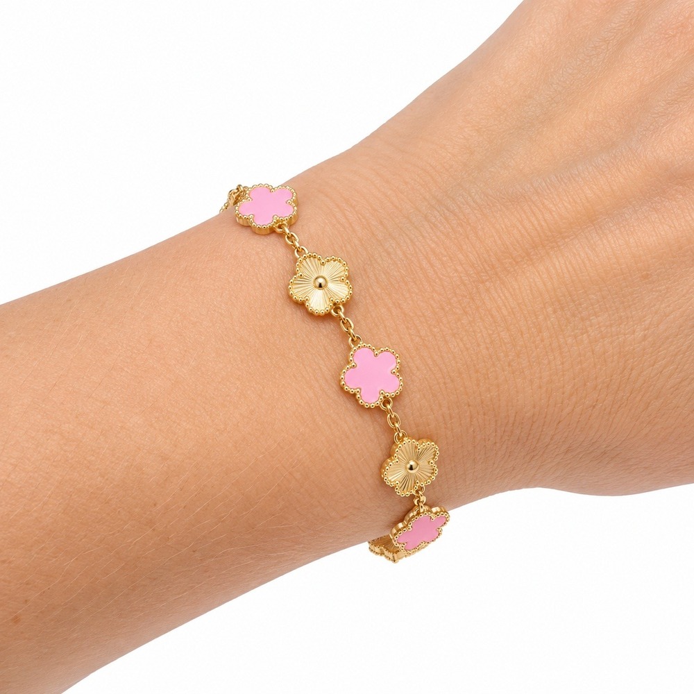 Gold Clover Bracelet Pink Enamel Stainless Steel Adjustable Lucky Charm New